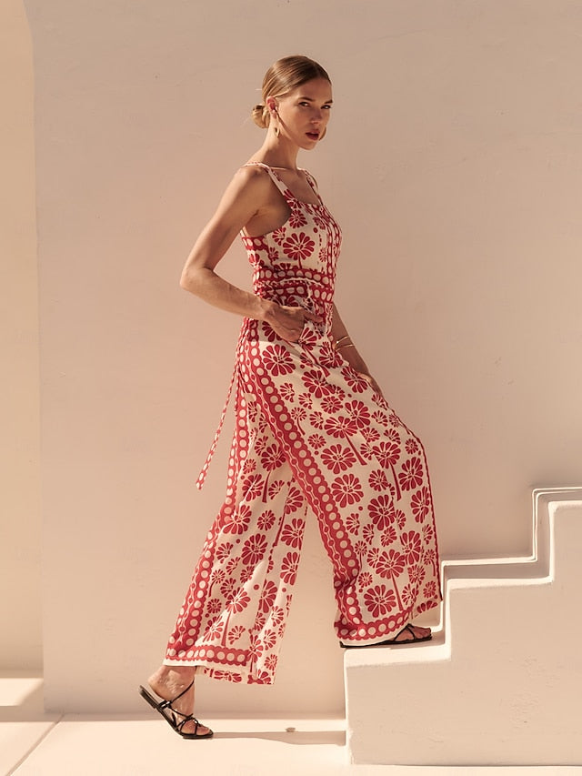 Satin Geometric Floral Print Cami Jumpsuit Vacation