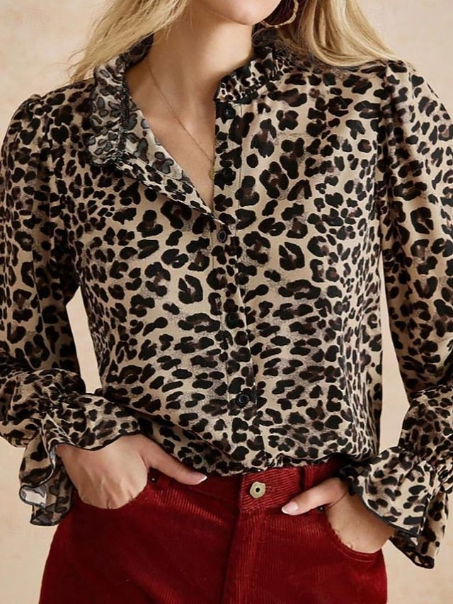Women's Shirt Blouse Buttons Leopard Elegant Vintage