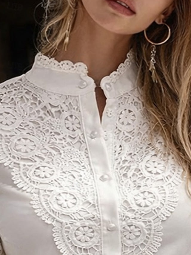 Women's Blouse Lace Patchwork Buttons Solid Color Elegant