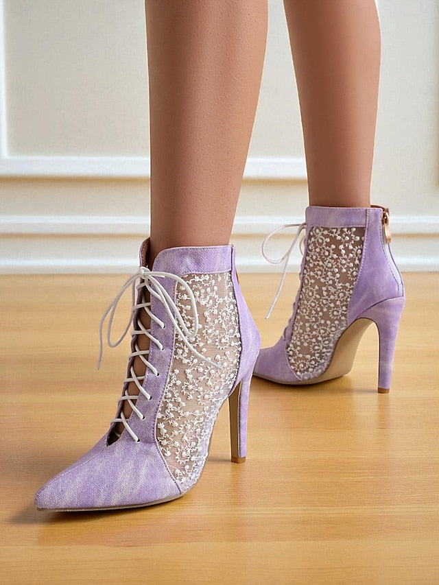 Women's Ankle White Booties Lace with Mesh Stiletto Heels