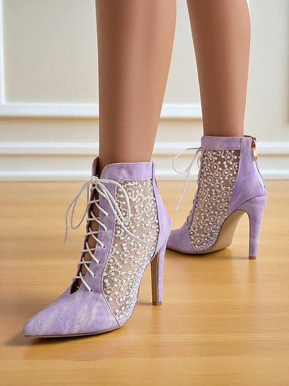 Women's Ankle White Booties Lace with Mesh Stiletto Heels