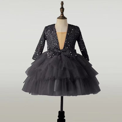 Performance Dress Girls' Party Kids Long Sequin Sleeve