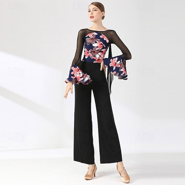 Floral Bell Dance Mesh Women's Ballroom Splice Sheer Top