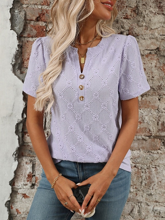 Women's T Shirt Tee Top Buttons Plain Fashion Stylish
