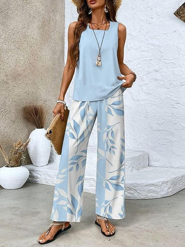 Women Pants Sets Sleeveless Square Neck Plant Print Daily Casual