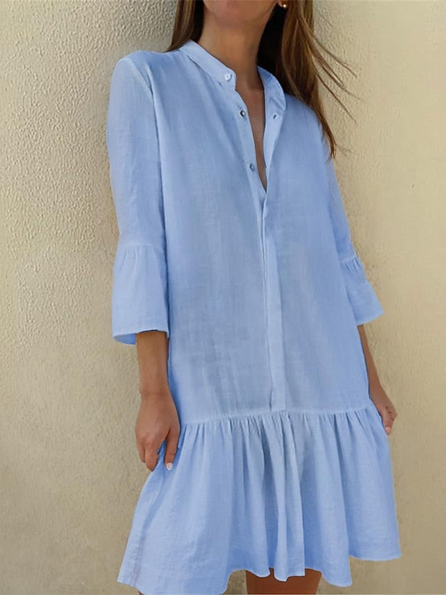 Women's Blue Black White Summer Spring Midi Dress Faux
