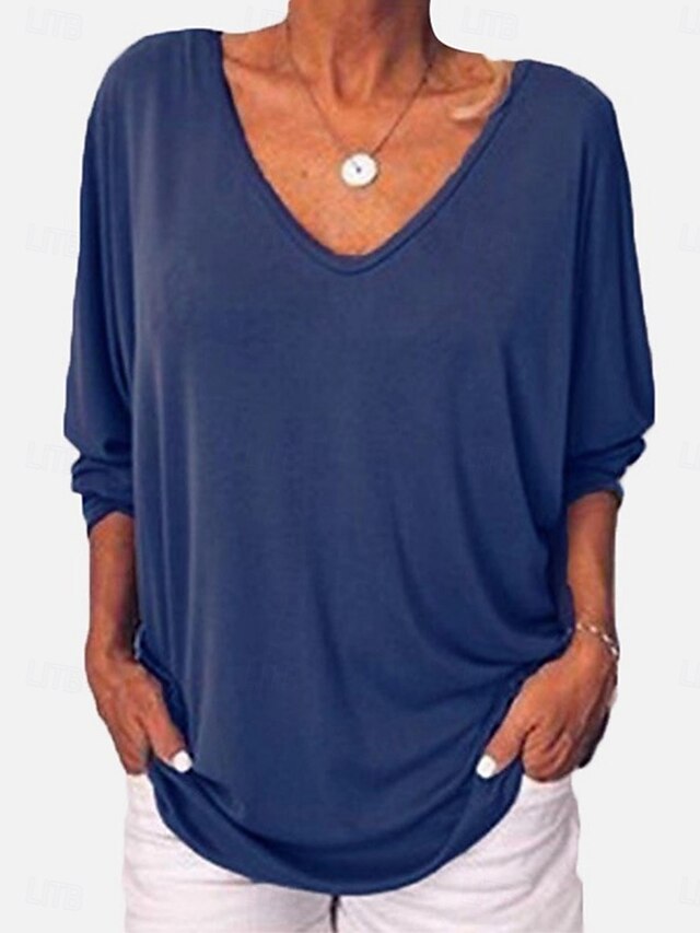 Women's T-Shirt  Solid Color Stylish Casual Long Sleeve V