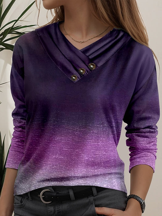 Women's Tunic T Shirt Ombre Stylish Casual Long Sleeve V