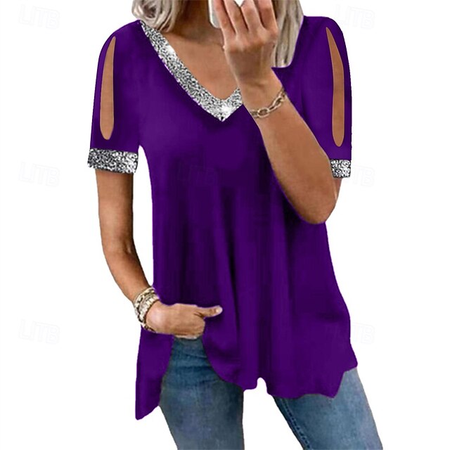 Women's Blouse Dressy Tops Ruched Sequins Patchwork Plain