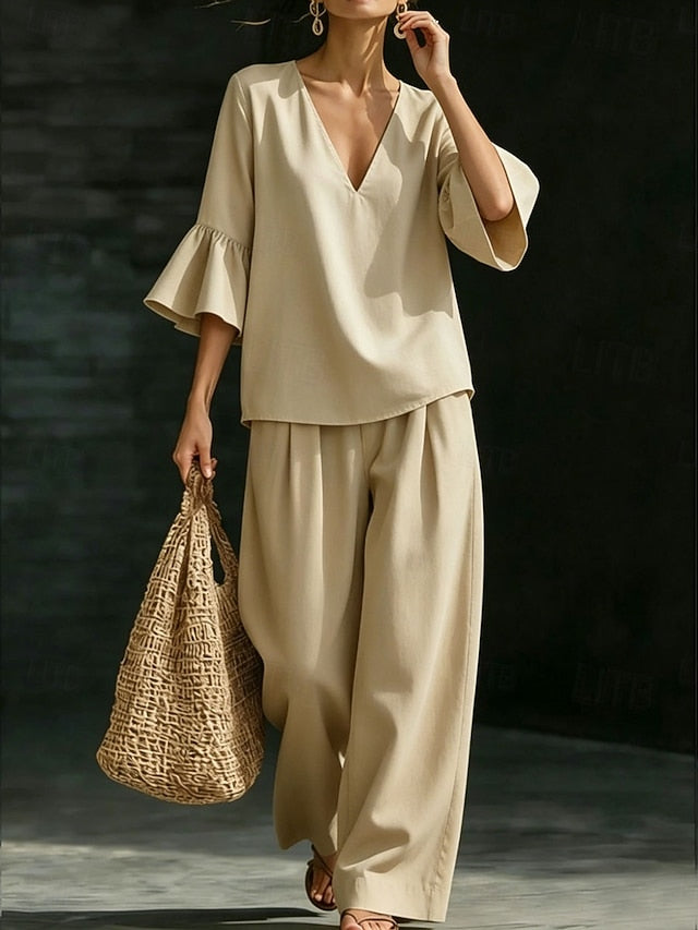 Women's Pants Sets Half Sleeve V Neck Solid Color Fashion