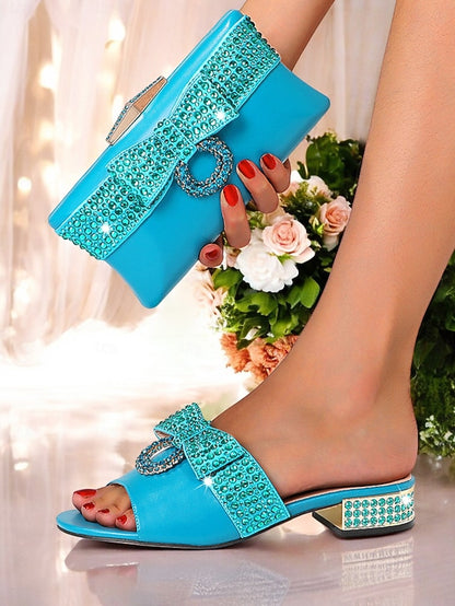Rhinestone with Flat Gold Bow – Sandals Matching Clutch