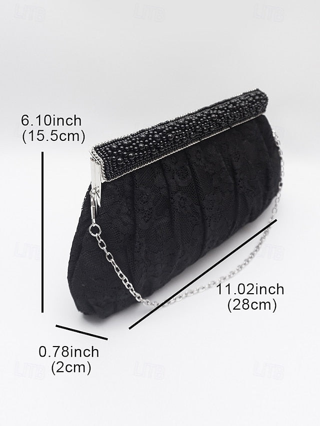 Bag Women's Clutch Beaded Black Evening with Elegant Lace