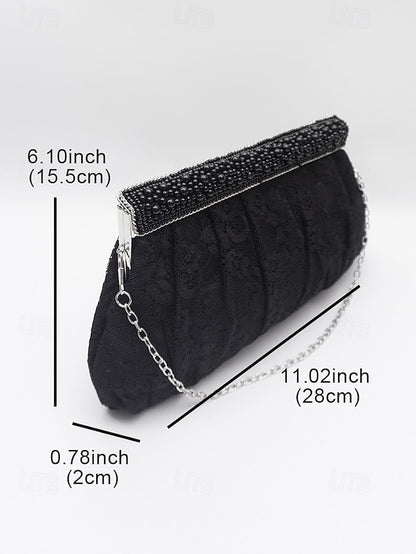 Bag Women's Clutch Beaded Black Evening with Elegant Lace