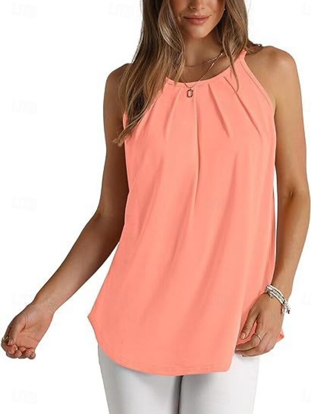 Women's Tank Top Sleeveless Shirt Tee Top Pleats Solid
