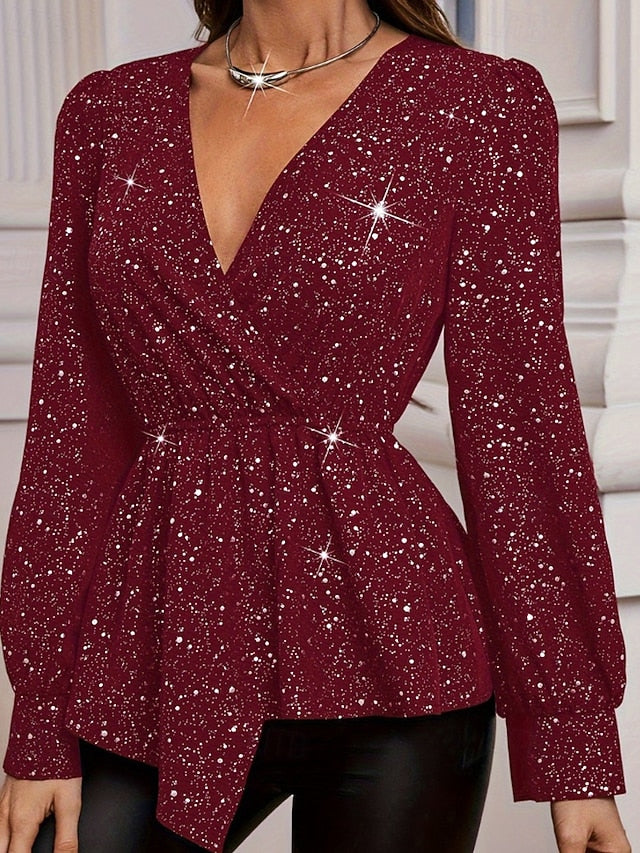 Women's Shirt Elegant Satin Top Blouse Sequins Asymmetric
