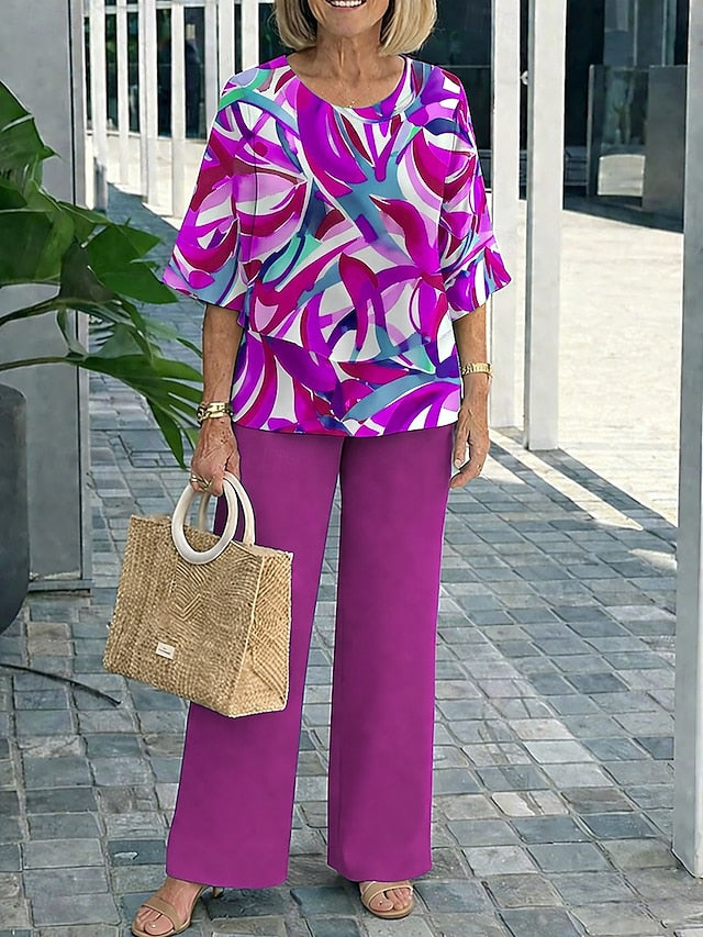 Women's Pants Sets 3/4 Length Sleeve Round Neck Graphic
