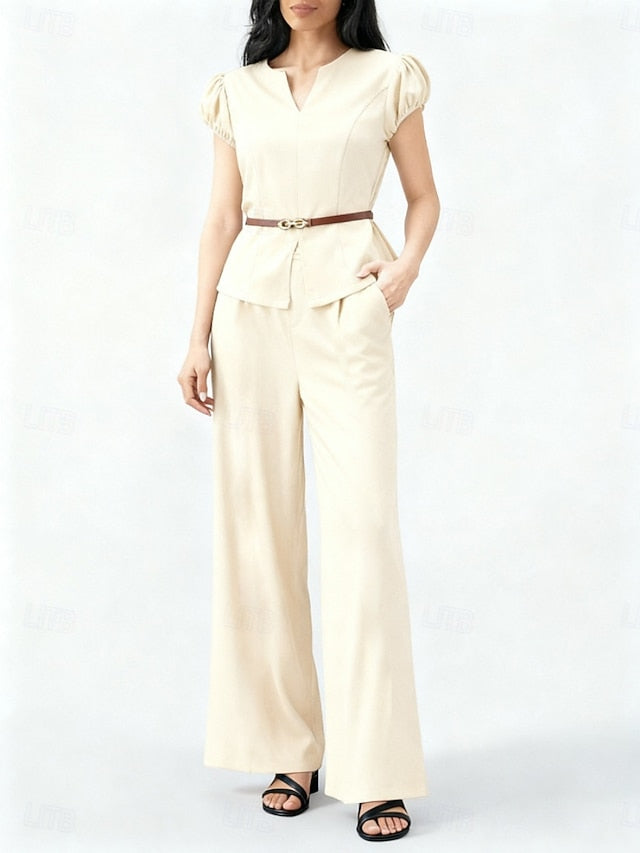 Women's Pants Sets Short Sleeve V Neck Solid Color Elegant