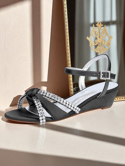 Satin Wedge Women's Sandals Knot Rhinestone Green