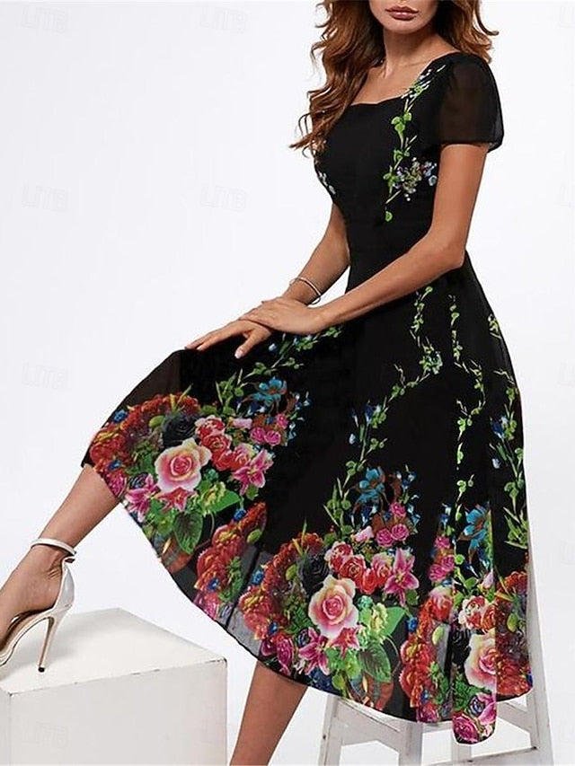 Women's Casual Dress Floral Print Square Neck Midi Dress