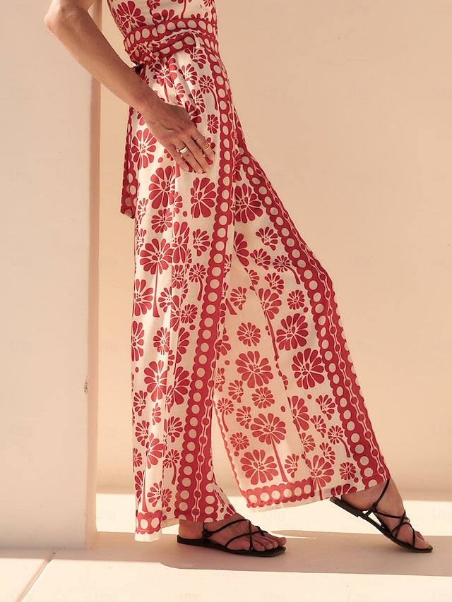 Satin Geometric Floral Print Cami Jumpsuit Vacation
