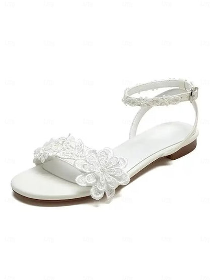 Open-Toe Flats Sandals Block with Straps Floral Lace White Ankle