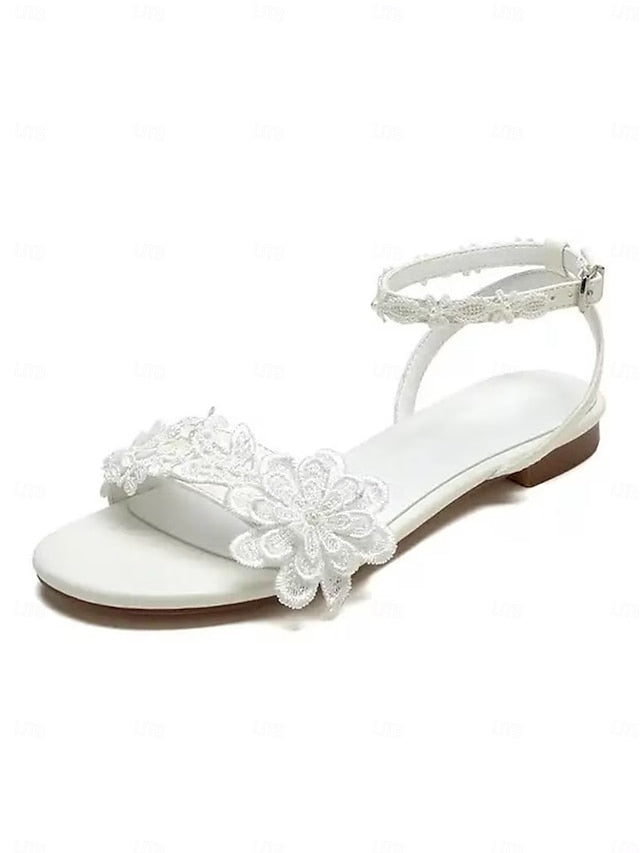 Ankle Flats with Floral Lace Sandals Block Open-Toe White Straps