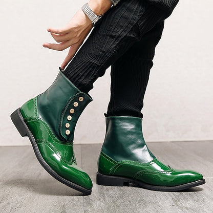 Wingtip Green Button Stylish Boots - Leather Vintage Men's