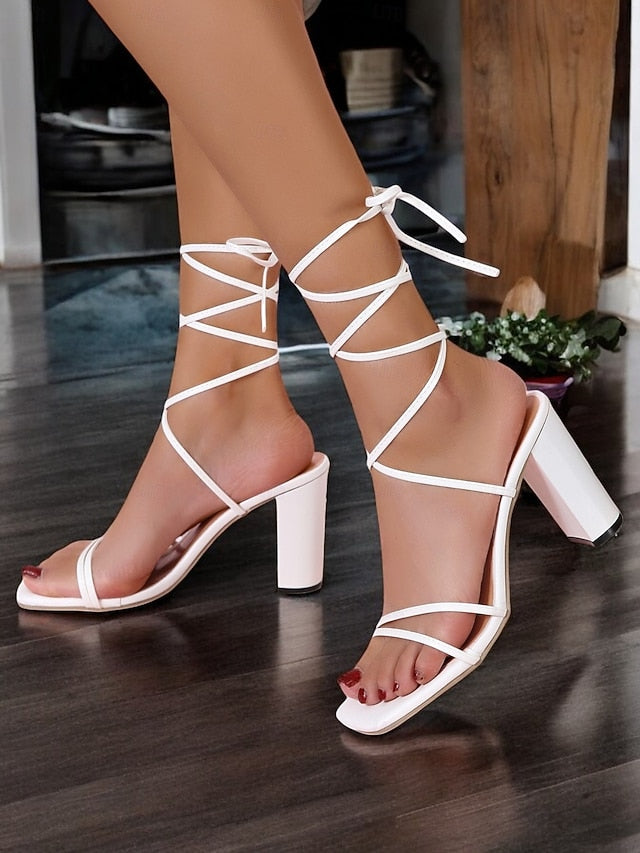 Lace-Up with Heel Block Women's Strappy Clear White Heels