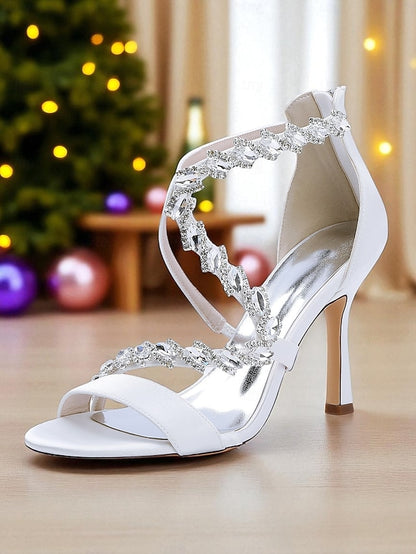 - High White Strappy Rhinestone Women's Sandals Heel