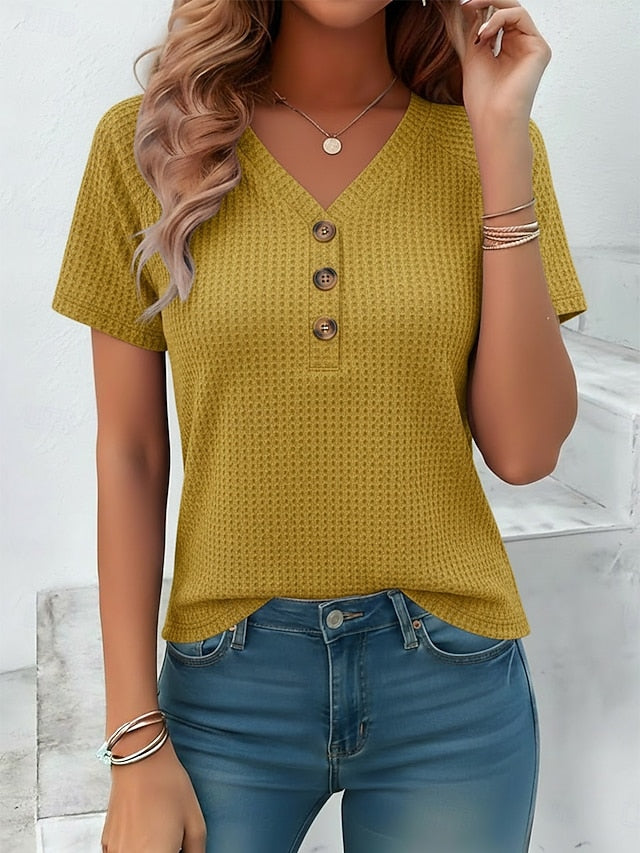 Women's T Shirt Waffle Knit Tops Tee Top Buttons Solid