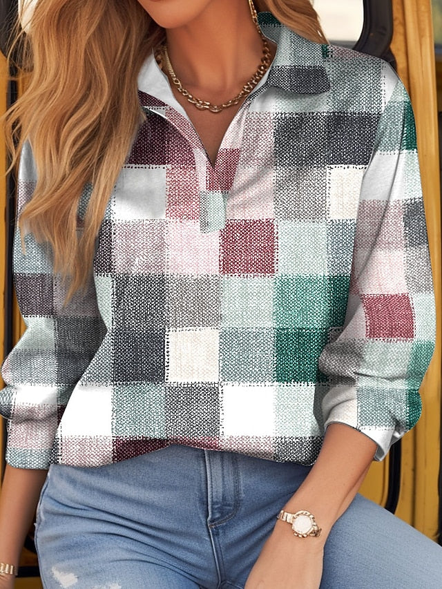 Women's T shirt Long Sleeve Plaid Basic Long Sleeve Shirt