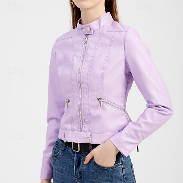 Faux Zipper Jacket Pocket Leather Women's Comfortable