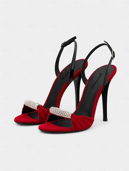 Accent Rhinestone – Velvet Red Bold Stiletto with Heels