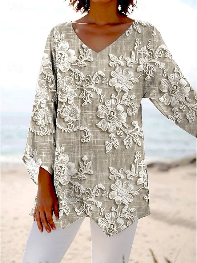 Women's Blouse Long Sleeve Asymmetrical Hem 3D Print Floral