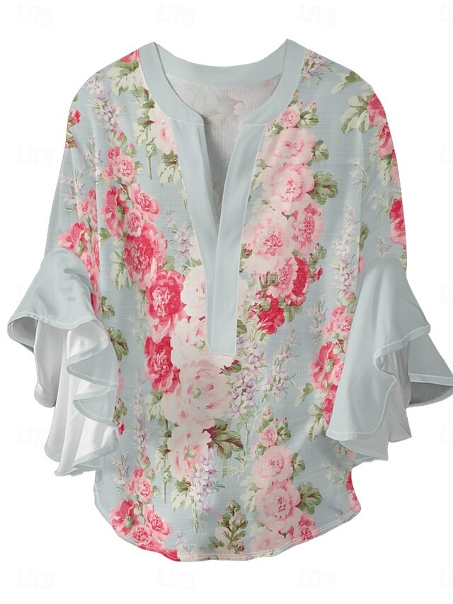 Women's Blouse Ruffle Print Floral Stylish Modern 3/4