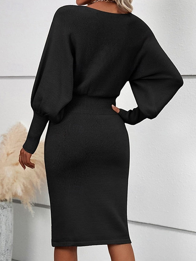 Women's Sweater Dress Casual Soft Pure Color Ribbed Crew