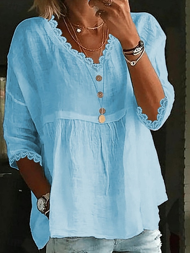 Women's Cotton Linen Shirts Solid Color Basic Casual 3/4