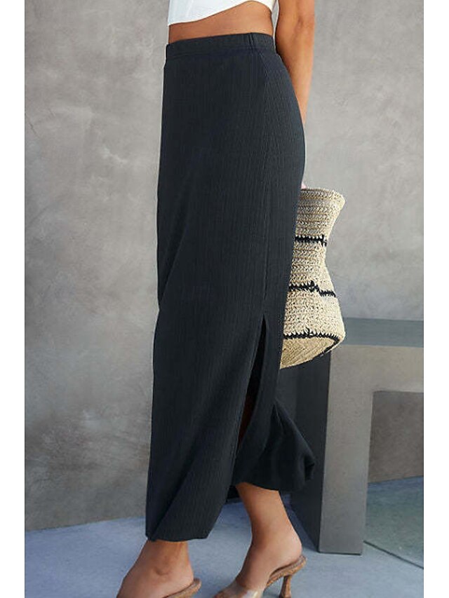Women's Casual Midi Mid Rise Skirts Plain Split Ends