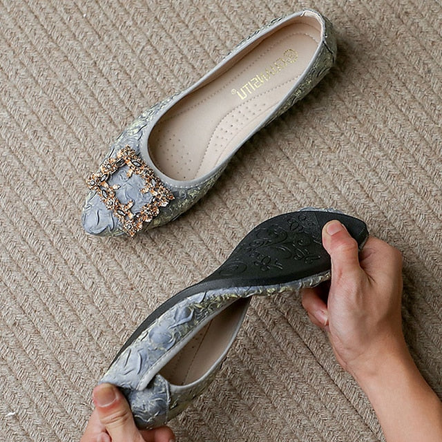 Floral Embellished Women's Flats - Foldable Wedding Crystal