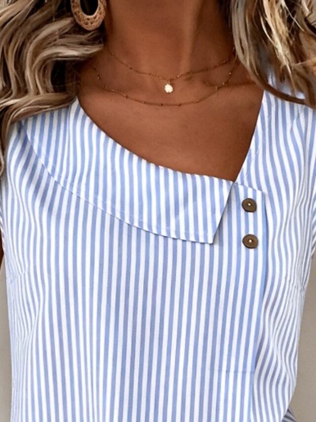 Women's T Shirt Tee Top Buttons Print Striped Fashion
