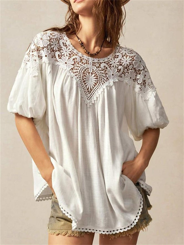 Women's Summer Tops Blouse Lace Tops Ruched Lace Patchwork