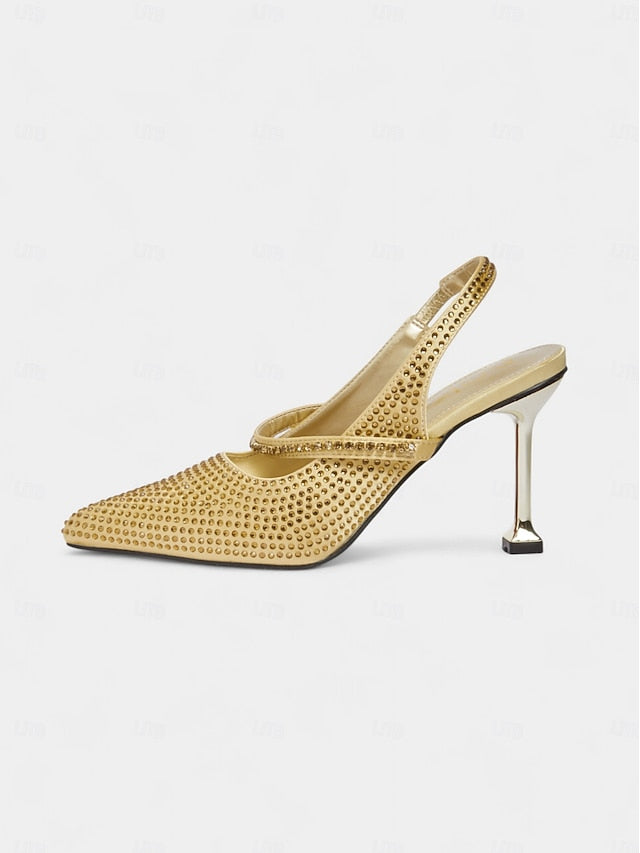 Pointed Toe Sparkly Rhinestone Heels Gold Women's -