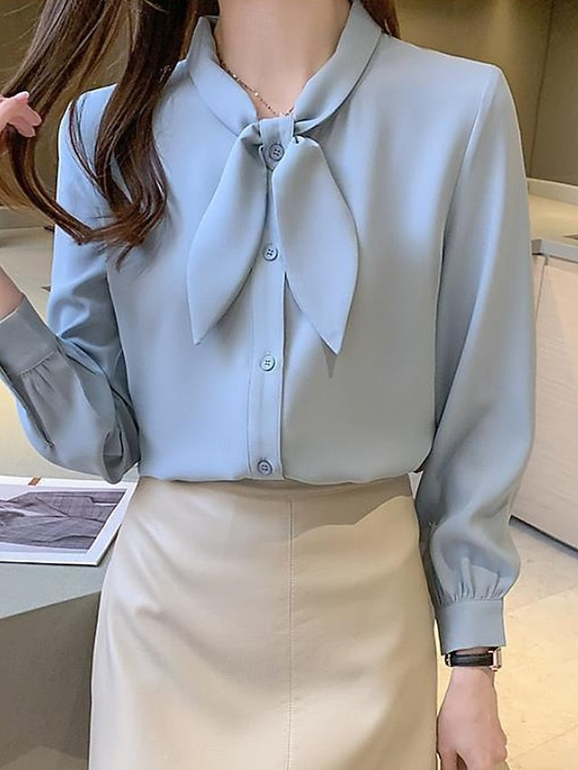 Women's Shirt Elegant Satin Top Blouse Bow Plain Stylish