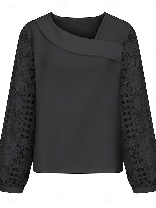 Women's White Elegant Lace Tops Eyelet Blouse Casual Solid