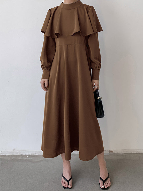 Ruffle Waist Long Mock Tied A-Line Elegant Trim Neck Coffee