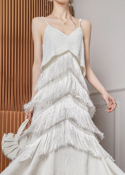 Strap Neck Sleeveless Spaghetti V Elegant Tasseled White Dress