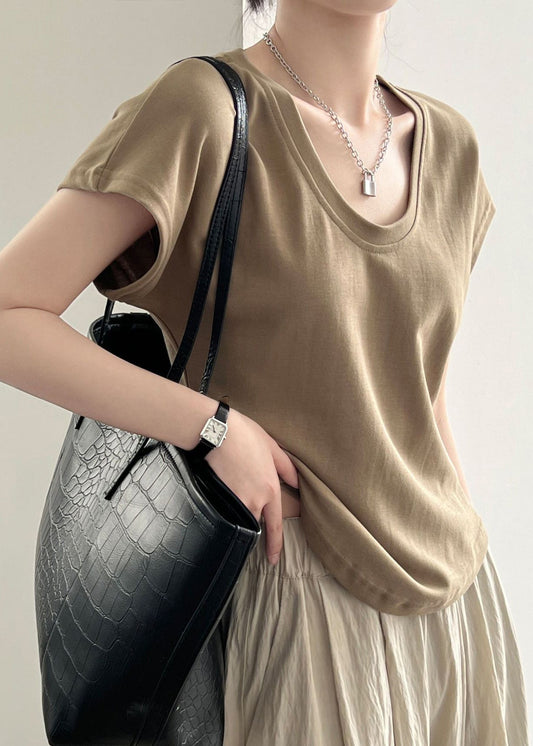 Summer Solid Simple Coffee T Neck O Shirt Cotton