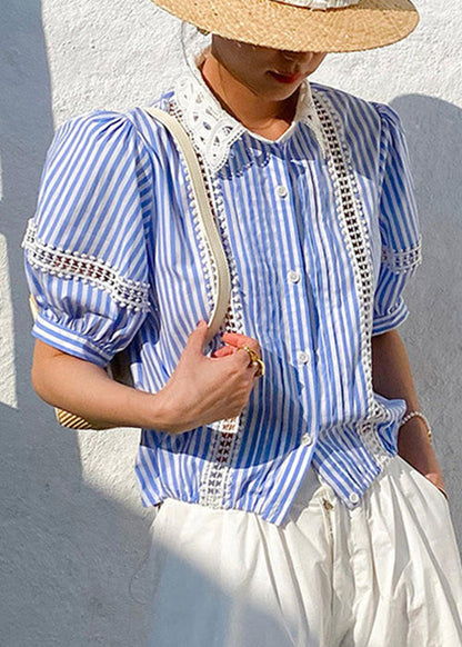 Out Blue Striped Cotton Summer Hollow Fashion Blouses
