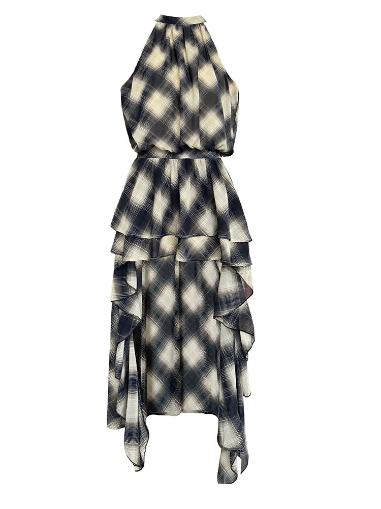 Asymmetric Khaki Plaid Neck Sleeveless Top High-Low Uniaue Halter