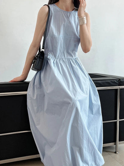 Patchwork O-neck Dress Simple Sleeveless Blue Puff Hem